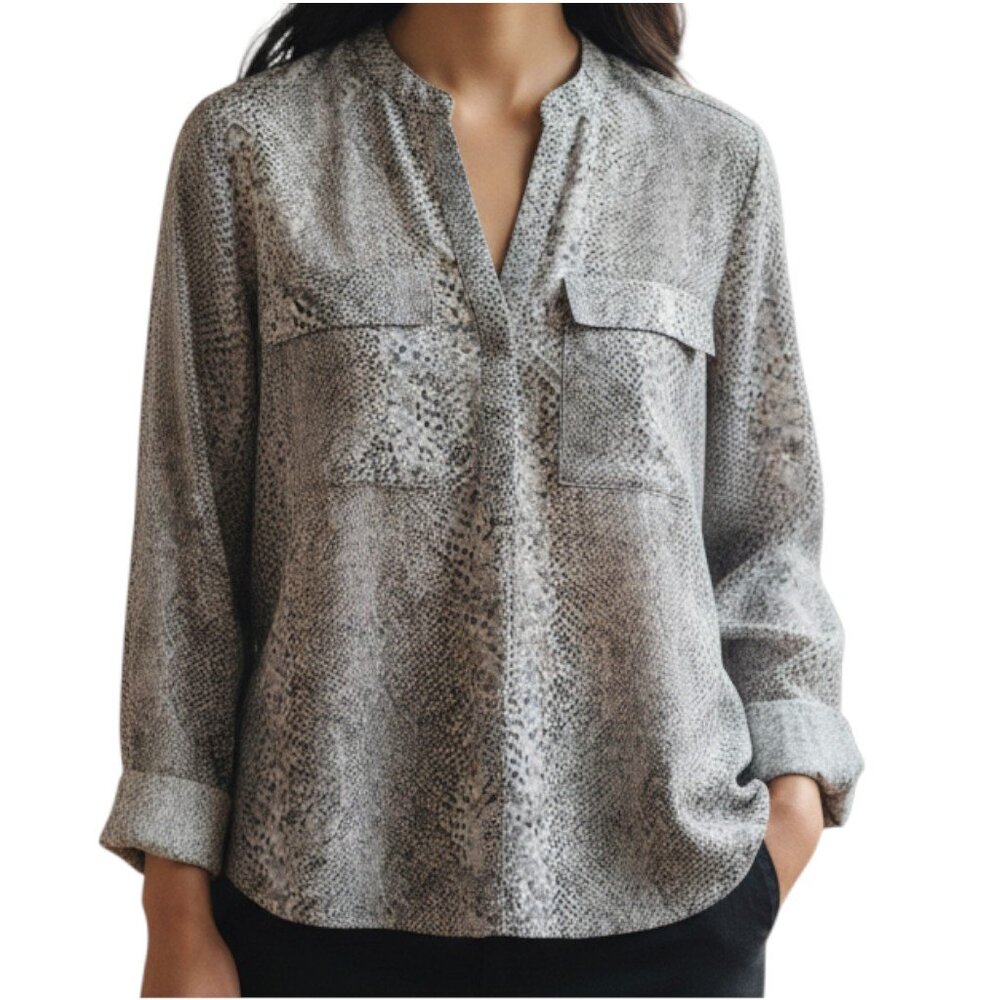 CALVIN KLEIN Gray Snakeskin Print Long Sleeve V Neck Blouse - Size Medium